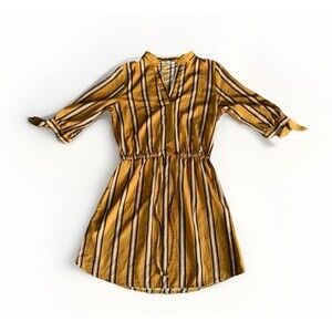 Mustard Stripe Mini Dress Small Cinch Waist V Neck Cottagecore Fall